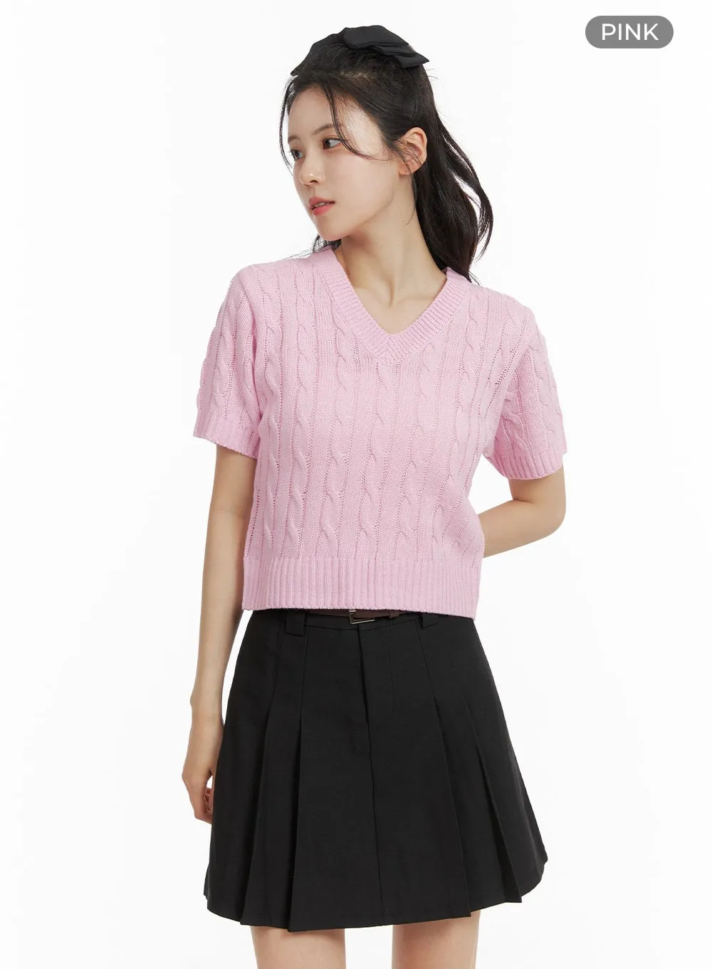 Cable Knit V-Neck Short Sleeve Sweater OM420