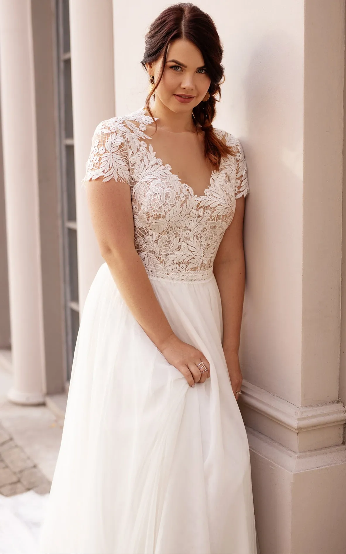 Casual A Line Bateau Lace Court Train Wedding Dress with Ruching-716096