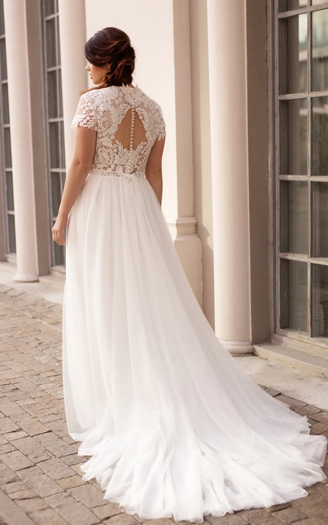 Casual A Line Bateau Lace Court Train Wedding Dress with Ruching-716096