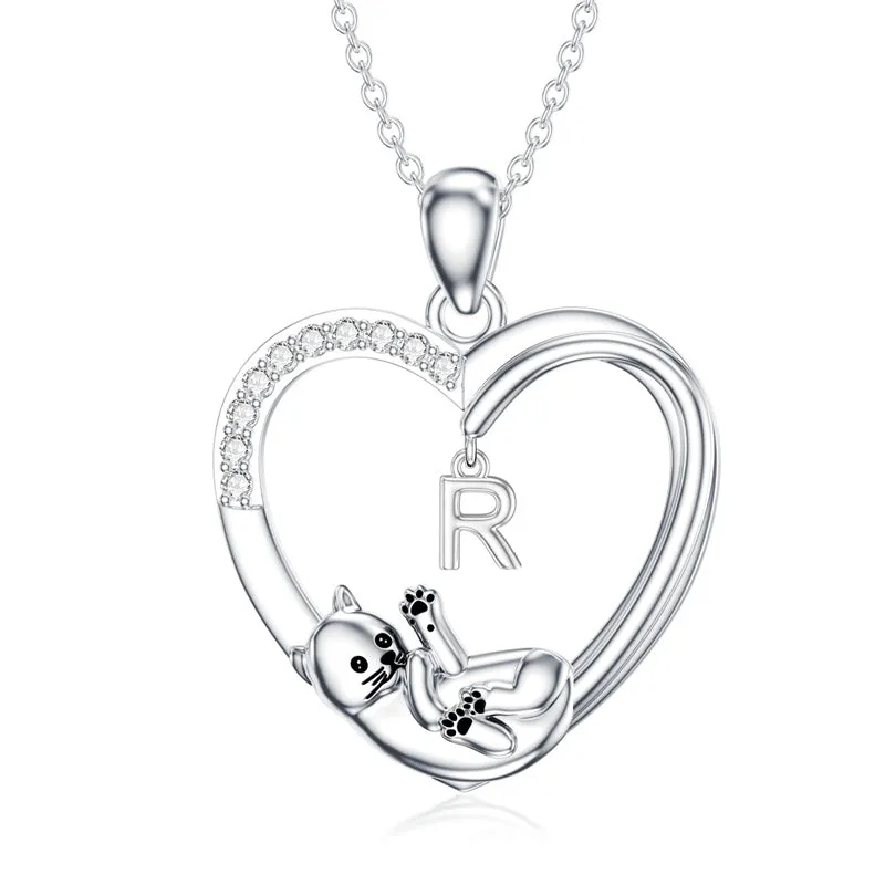 Cat Heart Necklace with Initial Silver Cat Initial Necklace 26 Alphabets Cat Jewelry Gift for Women Girls