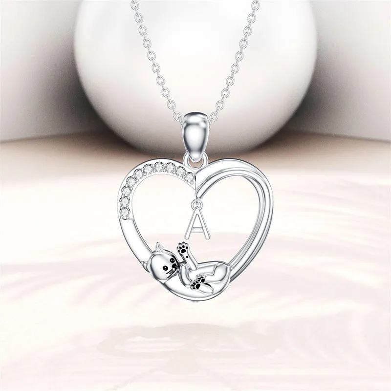 Cat Heart Necklace with Initial Silver Cat Initial Necklace 26 Alphabets Cat Jewelry Gift for Women Girls