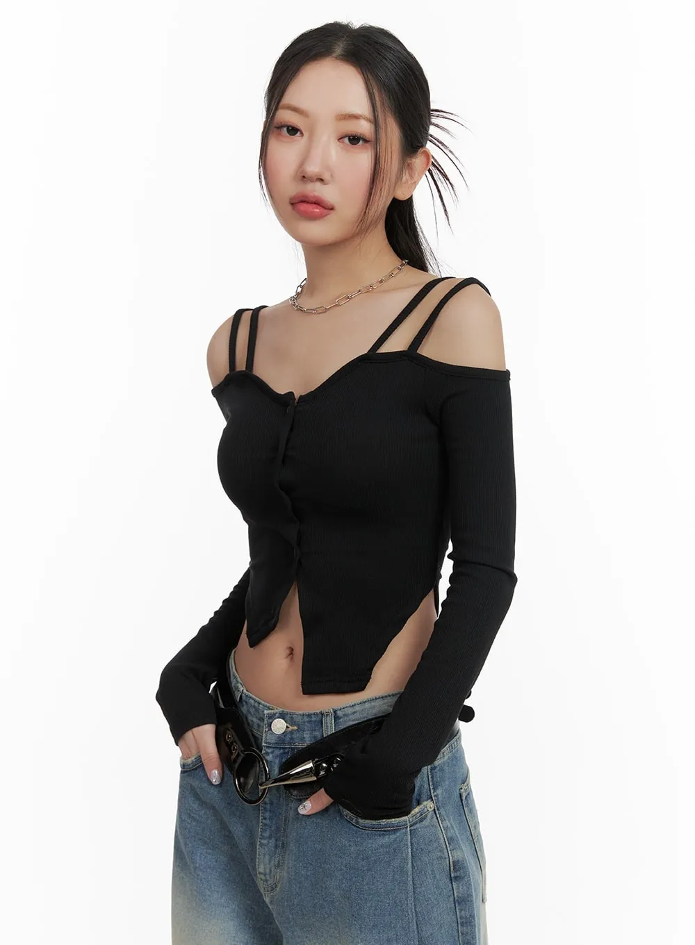 Cold Shoulder Button Ribbed Crop Top CA416