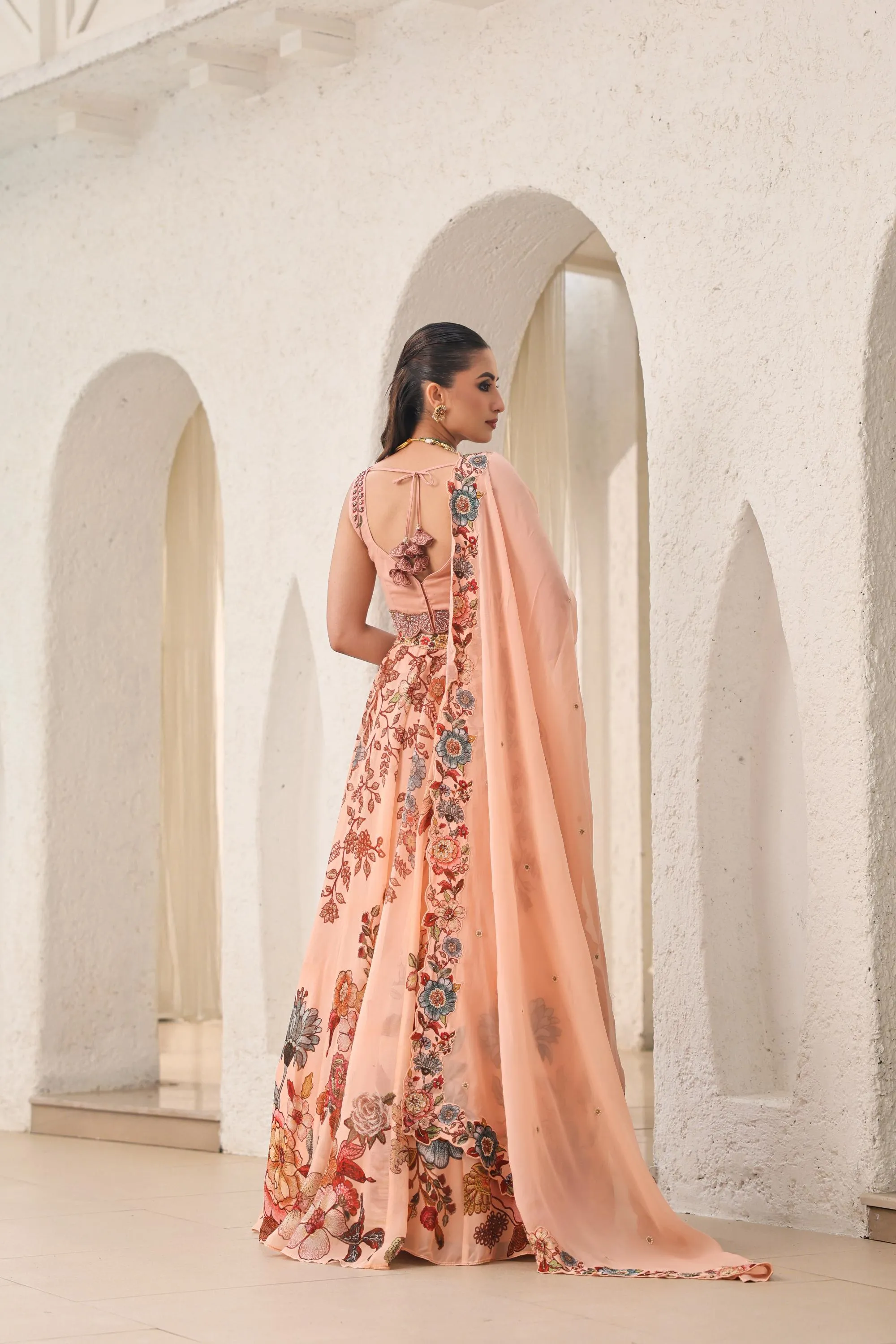 Creamy Peach Floral Embroidered Premium Organza Silk Lehenga Set