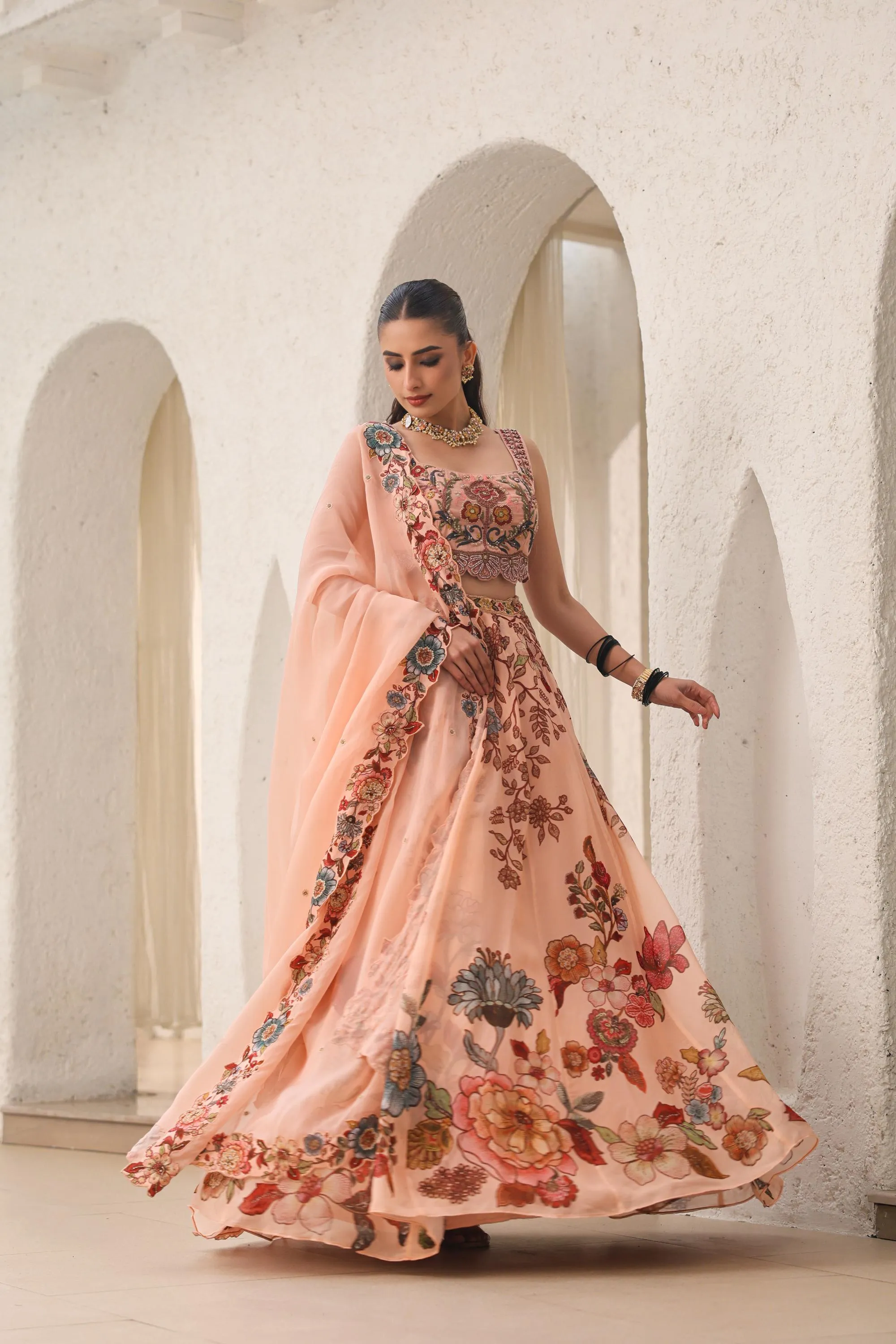 Creamy Peach Floral Embroidered Premium Organza Silk Lehenga Set