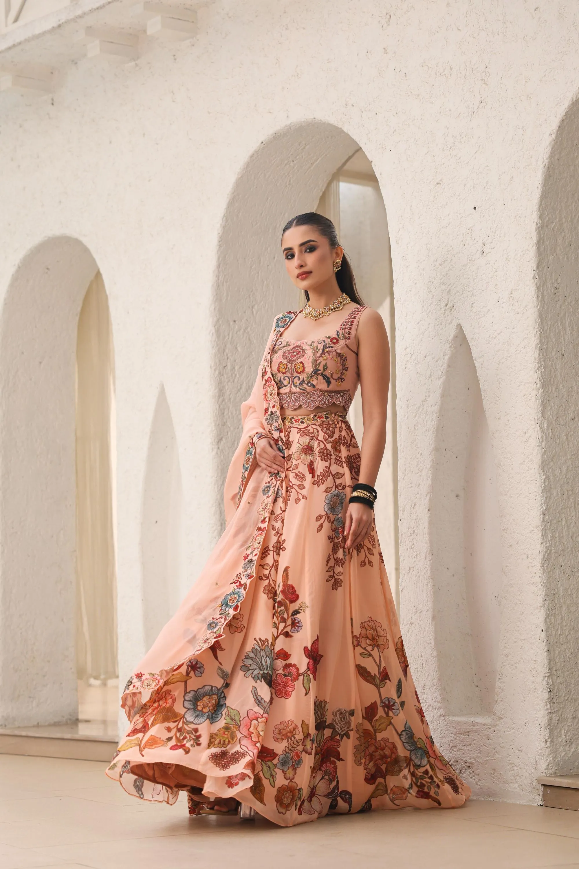 Creamy Peach Floral Embroidered Premium Organza Silk Lehenga Set