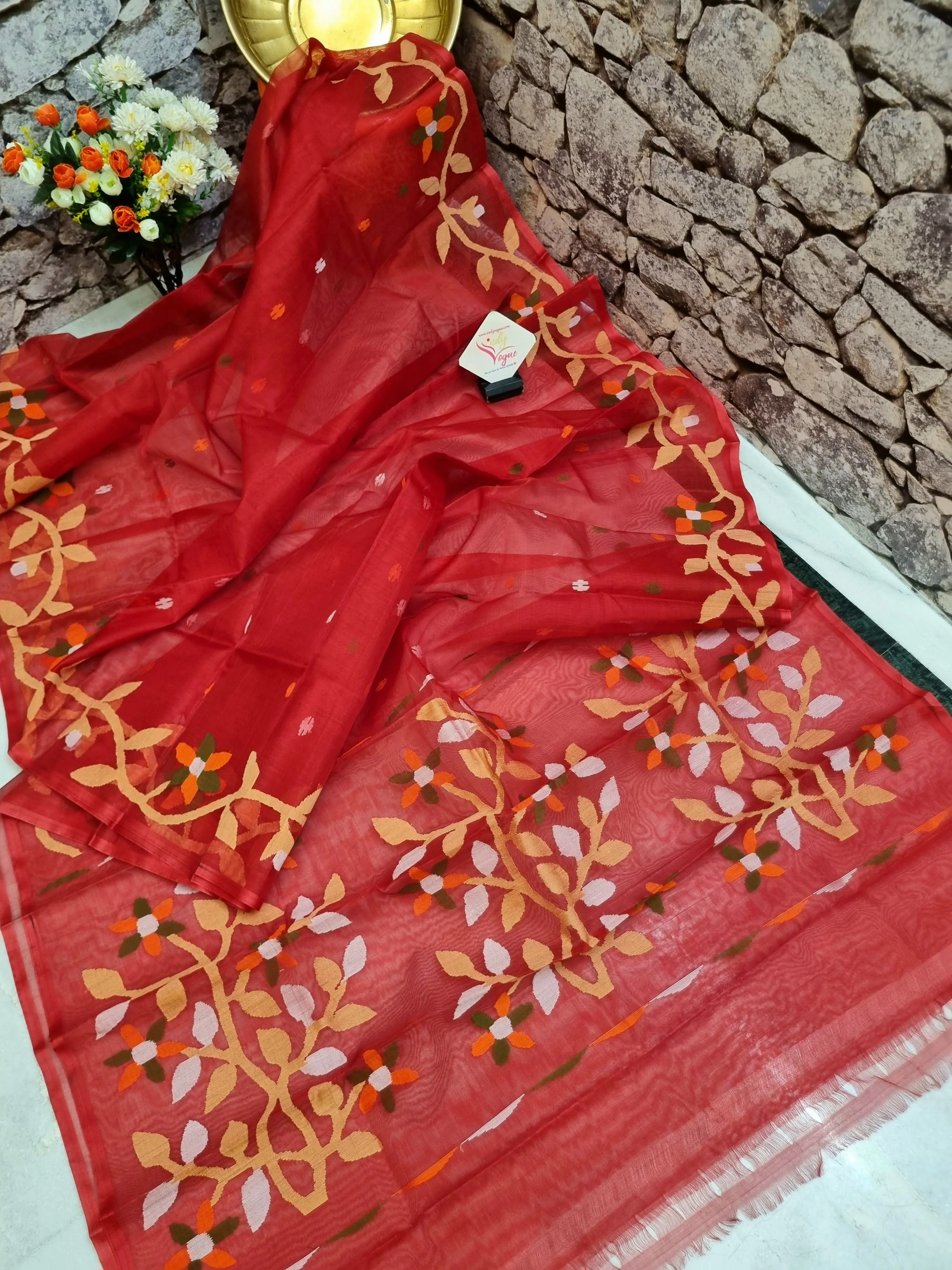 Dark Red Color Muslin Jamdani Saree