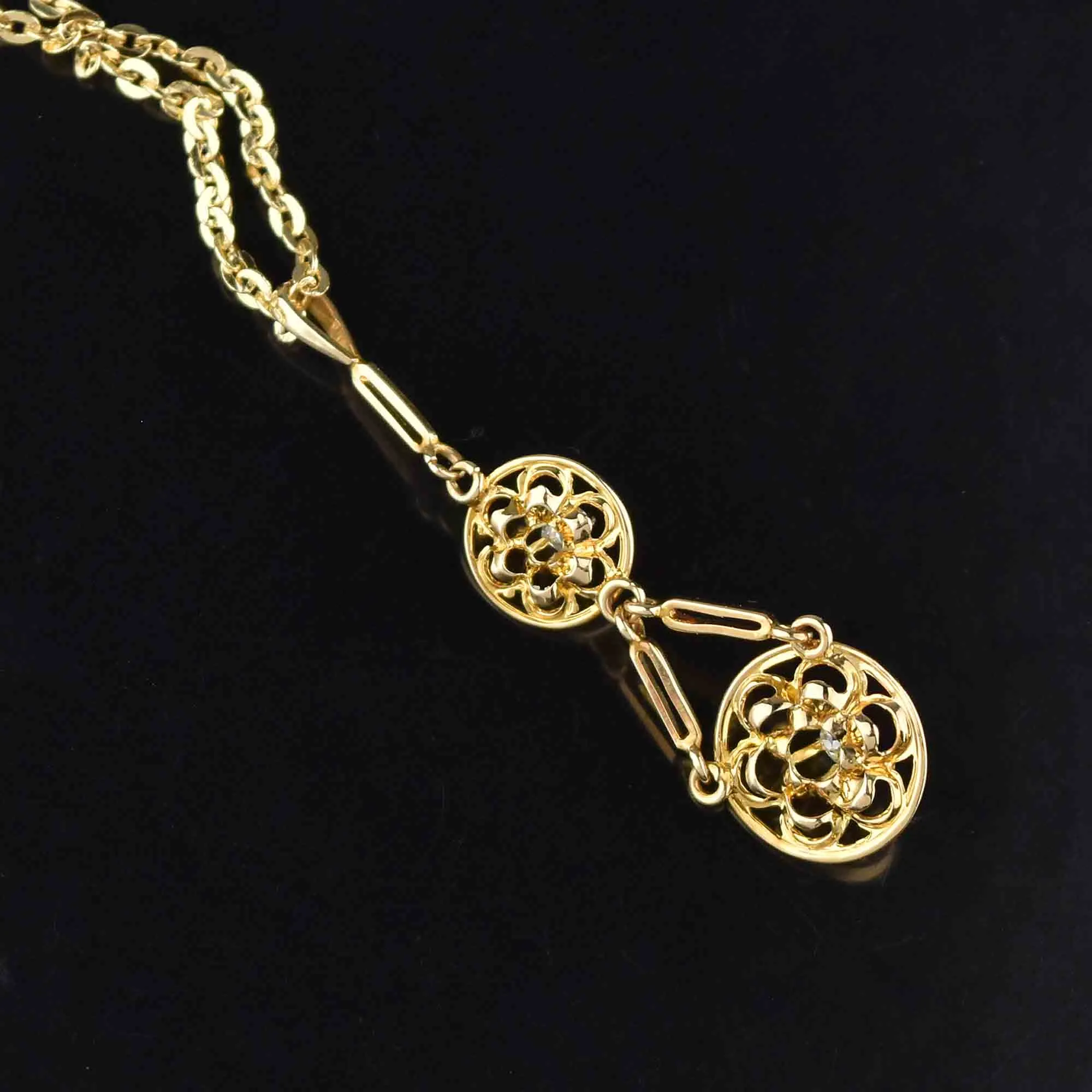 Edwardian 14K Gold Mine Cut Diamond Pendant Necklace