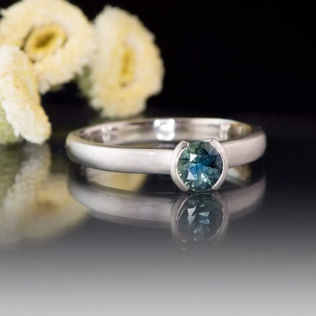 Fair Trade Teal / Blue Montana Sapphire Tulip Half Bezel Solitaire Engagement Ring