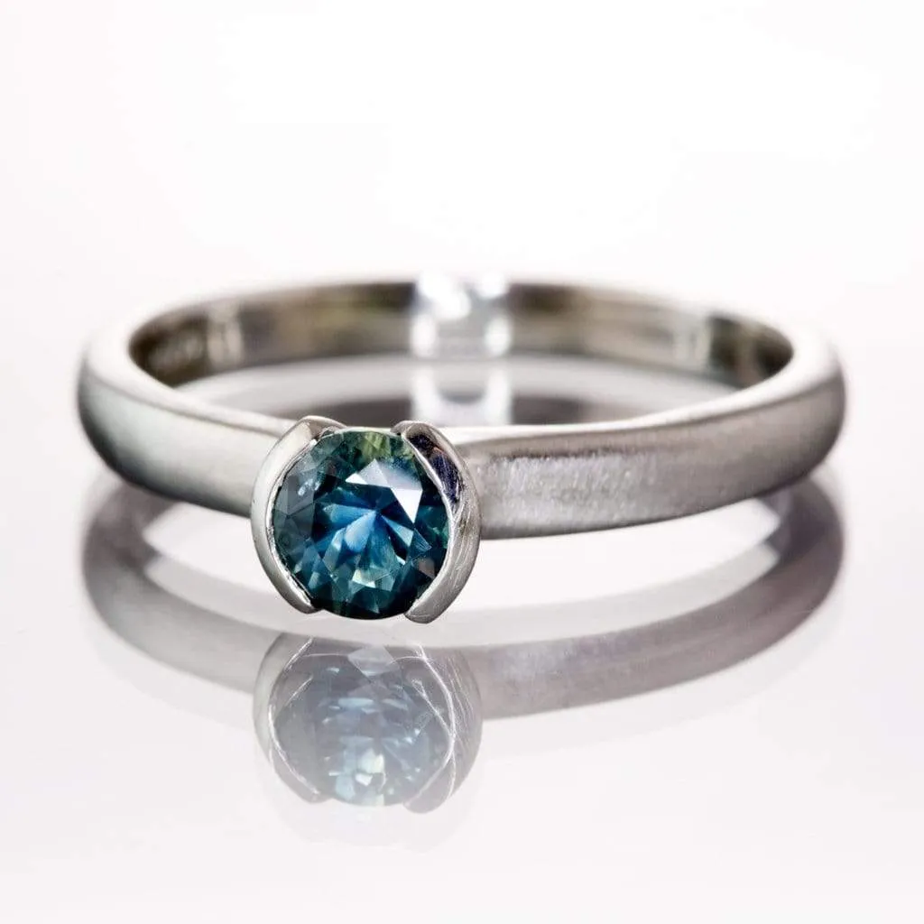 Fair Trade Teal / Blue Montana Sapphire Tulip Half Bezel Solitaire Engagement Ring