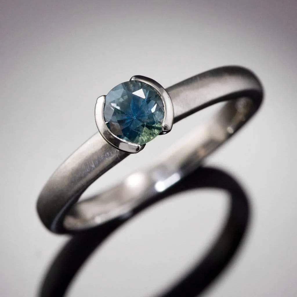 Fair Trade Teal / Blue Montana Sapphire Tulip Half Bezel Solitaire Engagement Ring