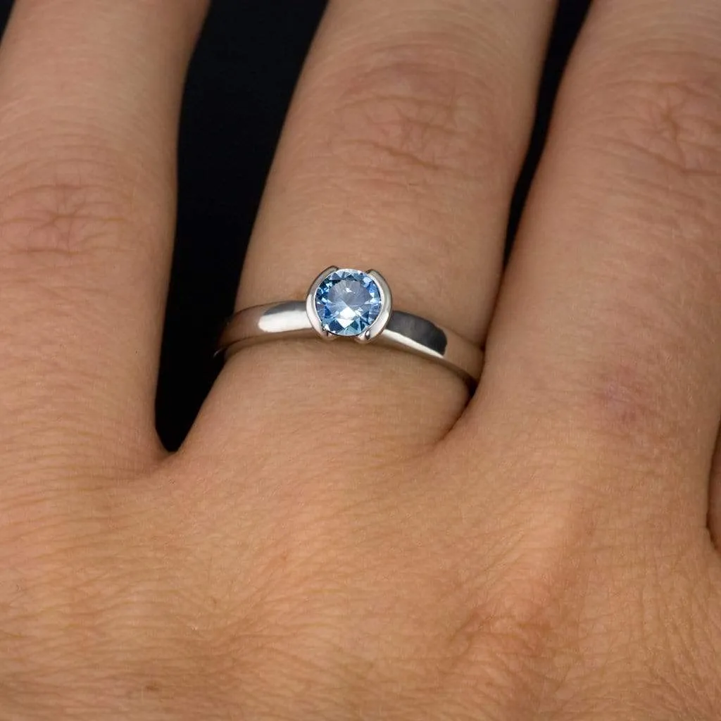 Fair Trade Teal / Blue Montana Sapphire Tulip Half Bezel Solitaire Engagement Ring