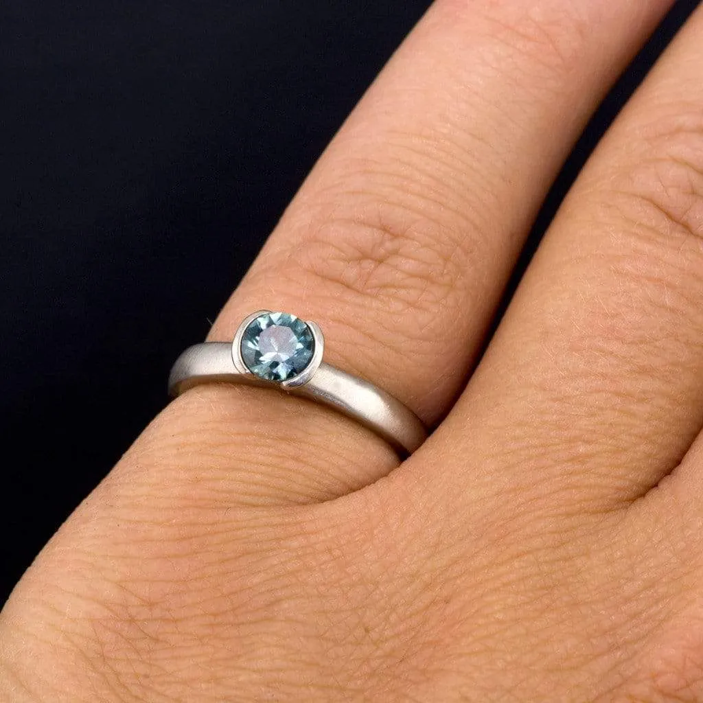 Fair Trade Teal / Blue Montana Sapphire Tulip Half Bezel Solitaire Engagement Ring