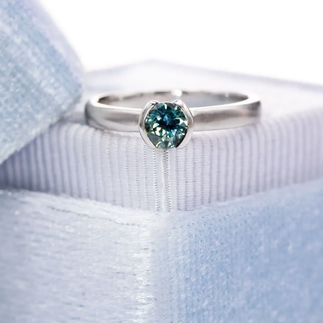 Fair Trade Teal / Blue Montana Sapphire Tulip Half Bezel Solitaire Engagement Ring