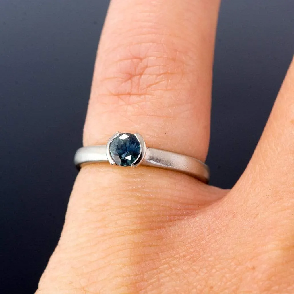 Fair Trade Teal / Blue Montana Sapphire Tulip Half Bezel Solitaire Engagement Ring