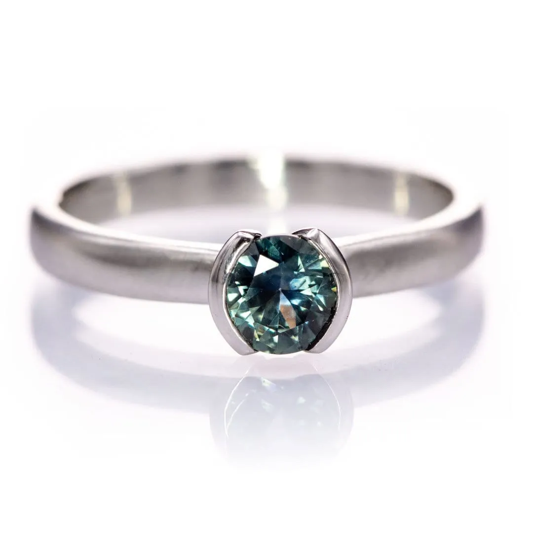 Fair Trade Teal / Blue Montana Sapphire Tulip Half Bezel Solitaire Engagement Ring