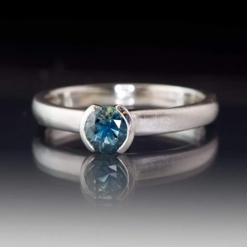 Fair Trade Teal / Blue Montana Sapphire Tulip Half Bezel Solitaire Engagement Ring