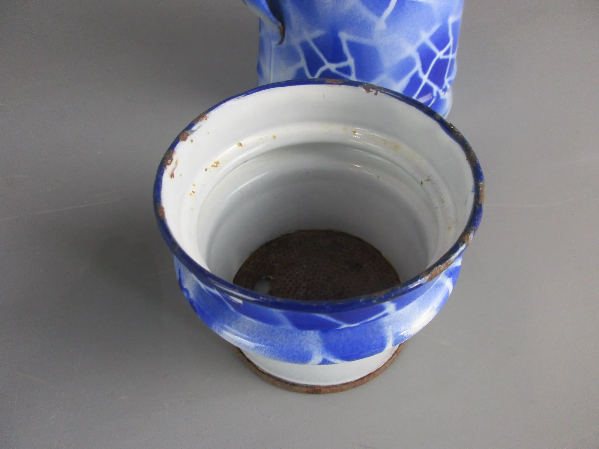 French Blue & White Enamelled Cafetiere Mid-Century c1950