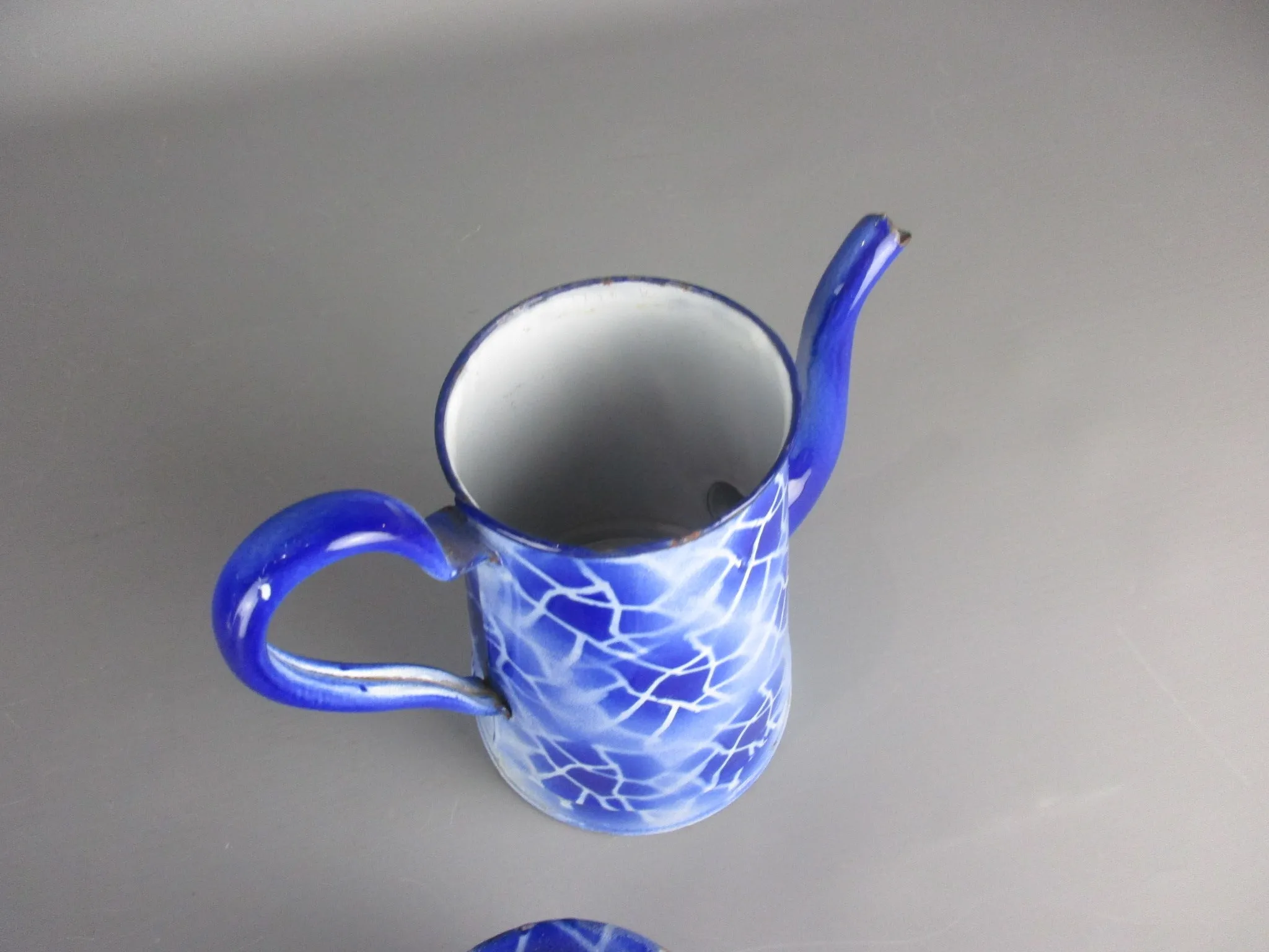 French Blue & White Enamelled Cafetiere Mid-Century c1950