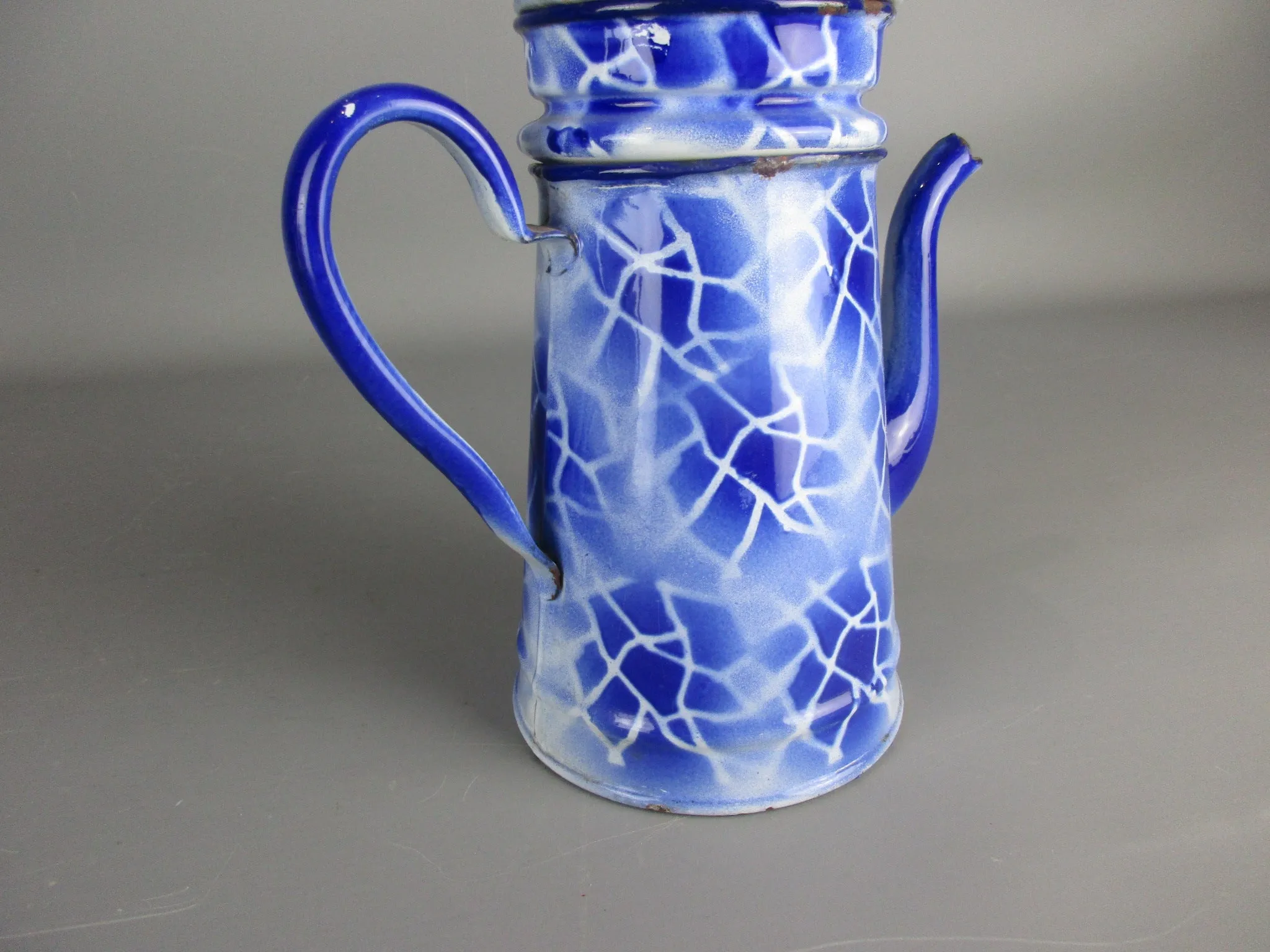 French Blue & White Enamelled Cafetiere Mid-Century c1950