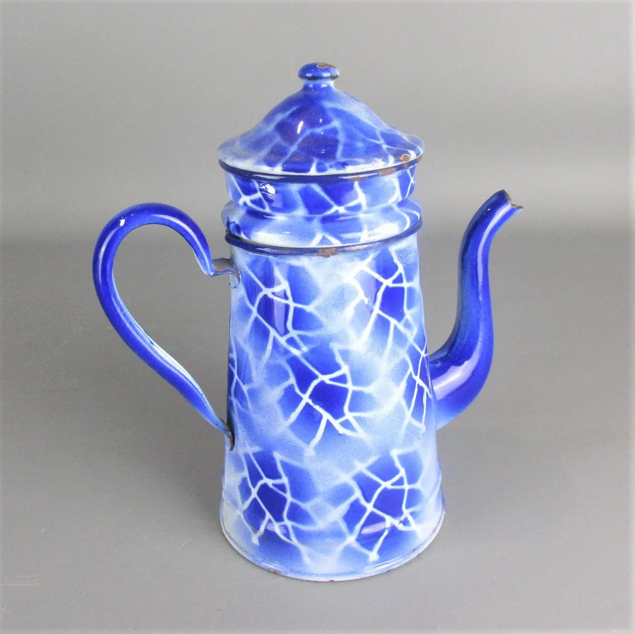 French Blue & White Enamelled Cafetiere Mid-Century c1950