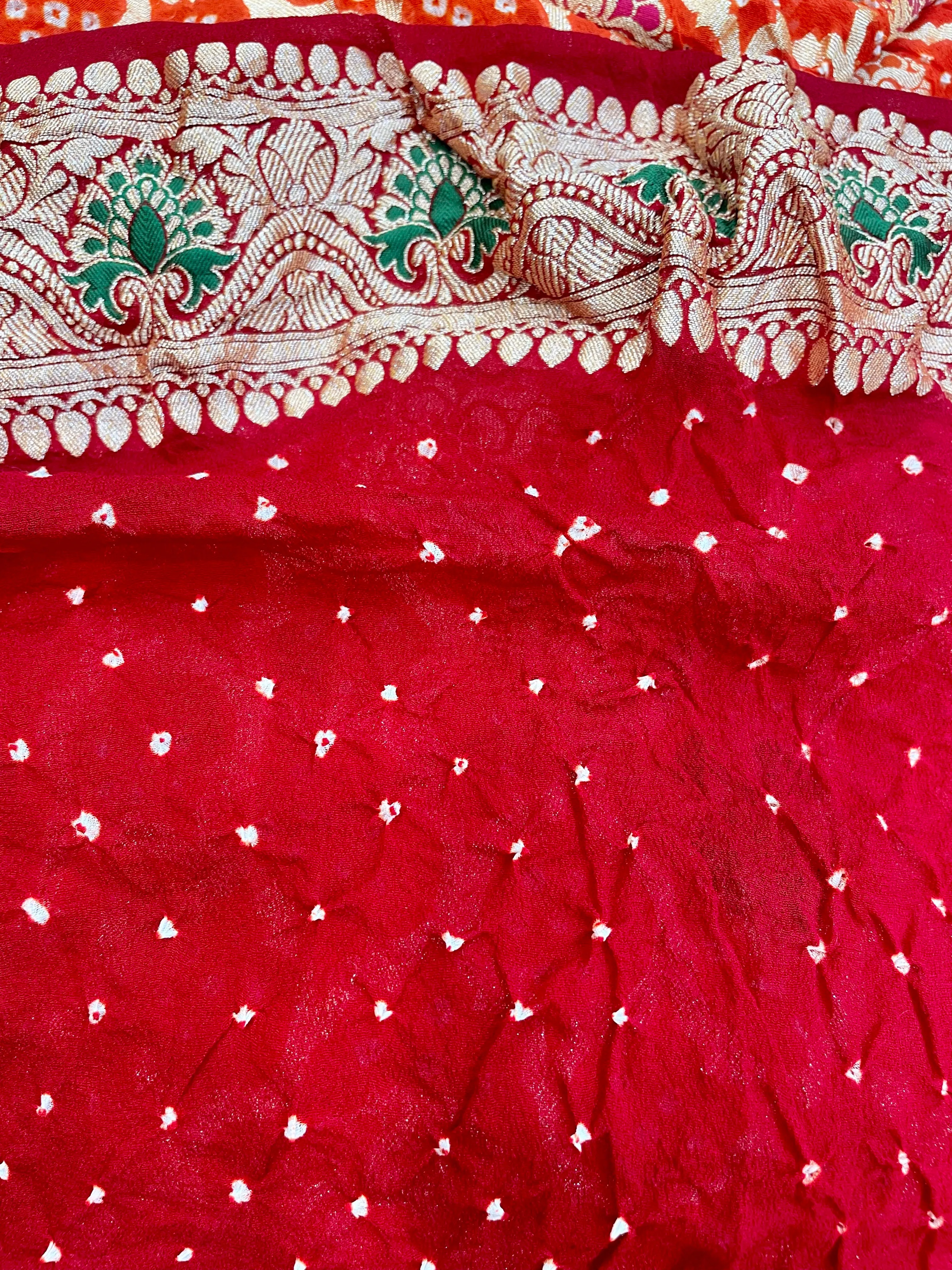 Handwoven Pure Bandhani Banarasi Red Saree Blouse