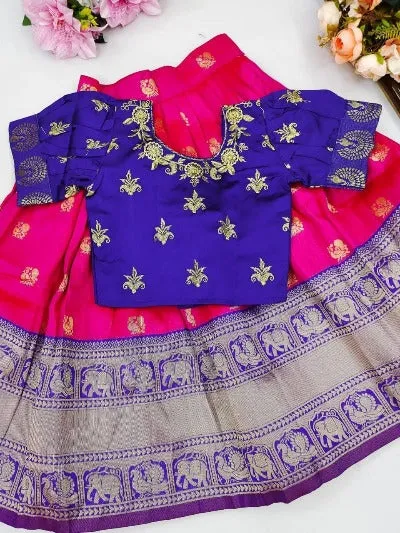 Kids Bottle Pink & Blue Cotton Silk Lehenga Blouse Set