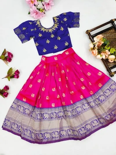 Kids Bottle Pink & Blue Cotton Silk Lehenga Blouse Set