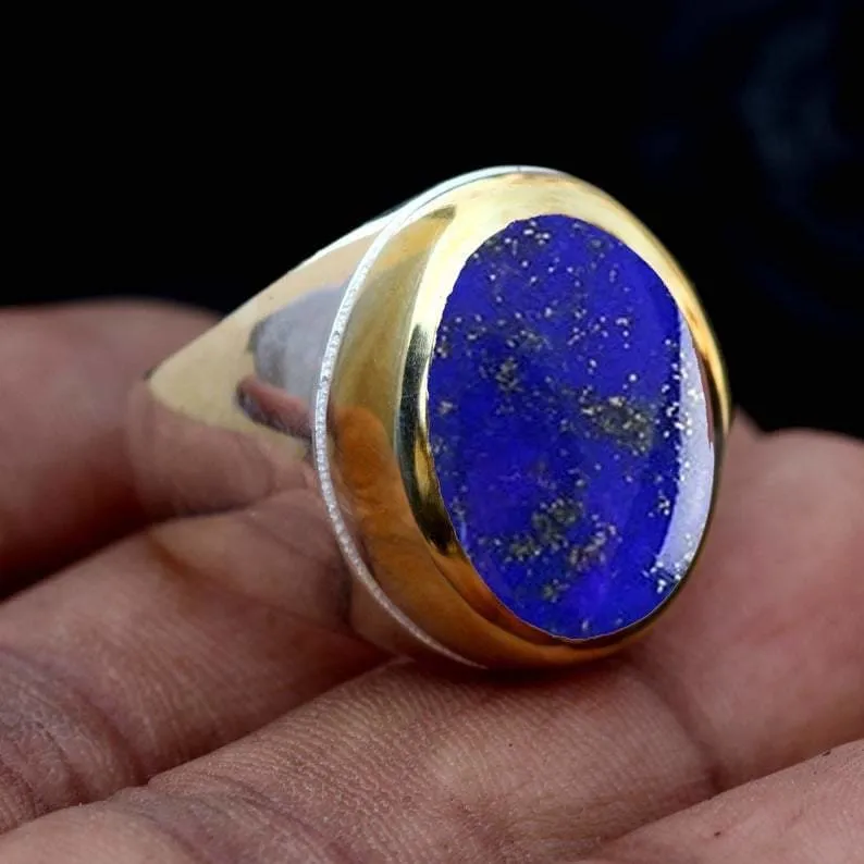 Lapis Lazuli Men's Two Tone Solid 925 Silver Ring, Handcrafted Engagement Jewelry, Anniversary Gift