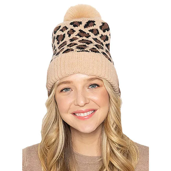 Leopard Patterned Faux Fur Pom Pom Ribbed Beanie Hat