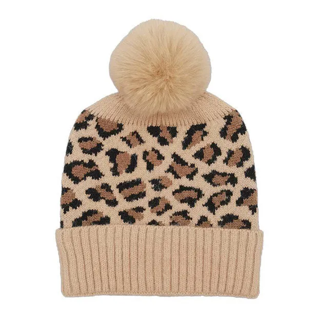 Leopard Patterned Faux Fur Pom Pom Ribbed Beanie Hat