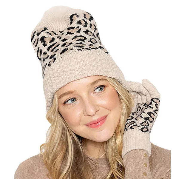 Leopard Patterned Faux Fur Pom Pom Ribbed Beanie Hat