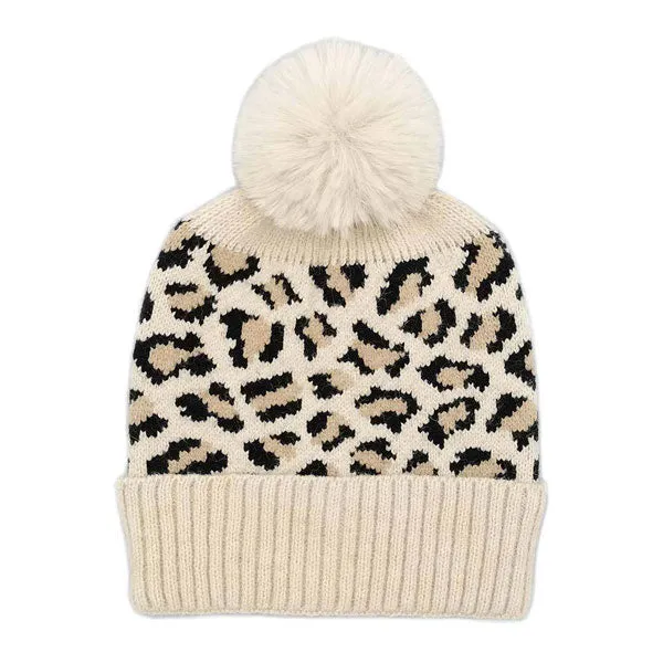 Leopard Patterned Faux Fur Pom Pom Ribbed Beanie Hat