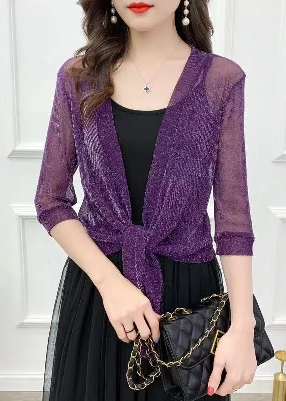 Loose Purple V Neck Bright Silk Tulle Cardigans Summer AS1025