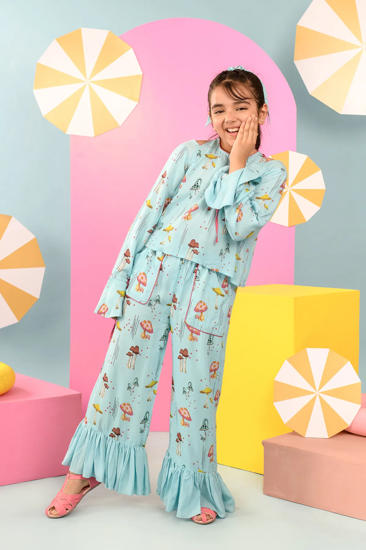 Magpie- Aqua Blue Printed Coord Set For Girls