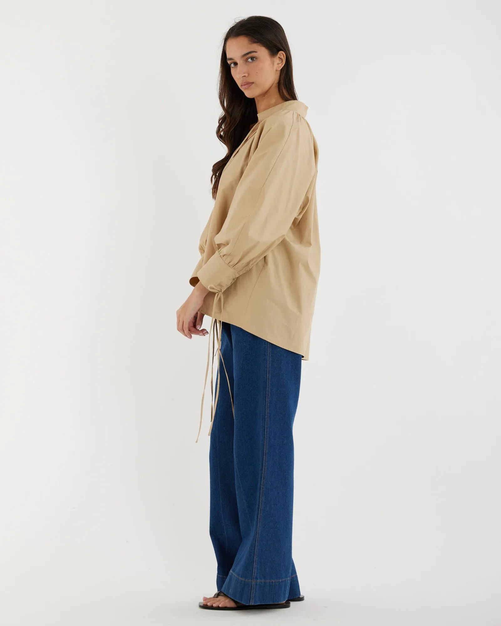 Marie Poplin Tie Blouse - Sand