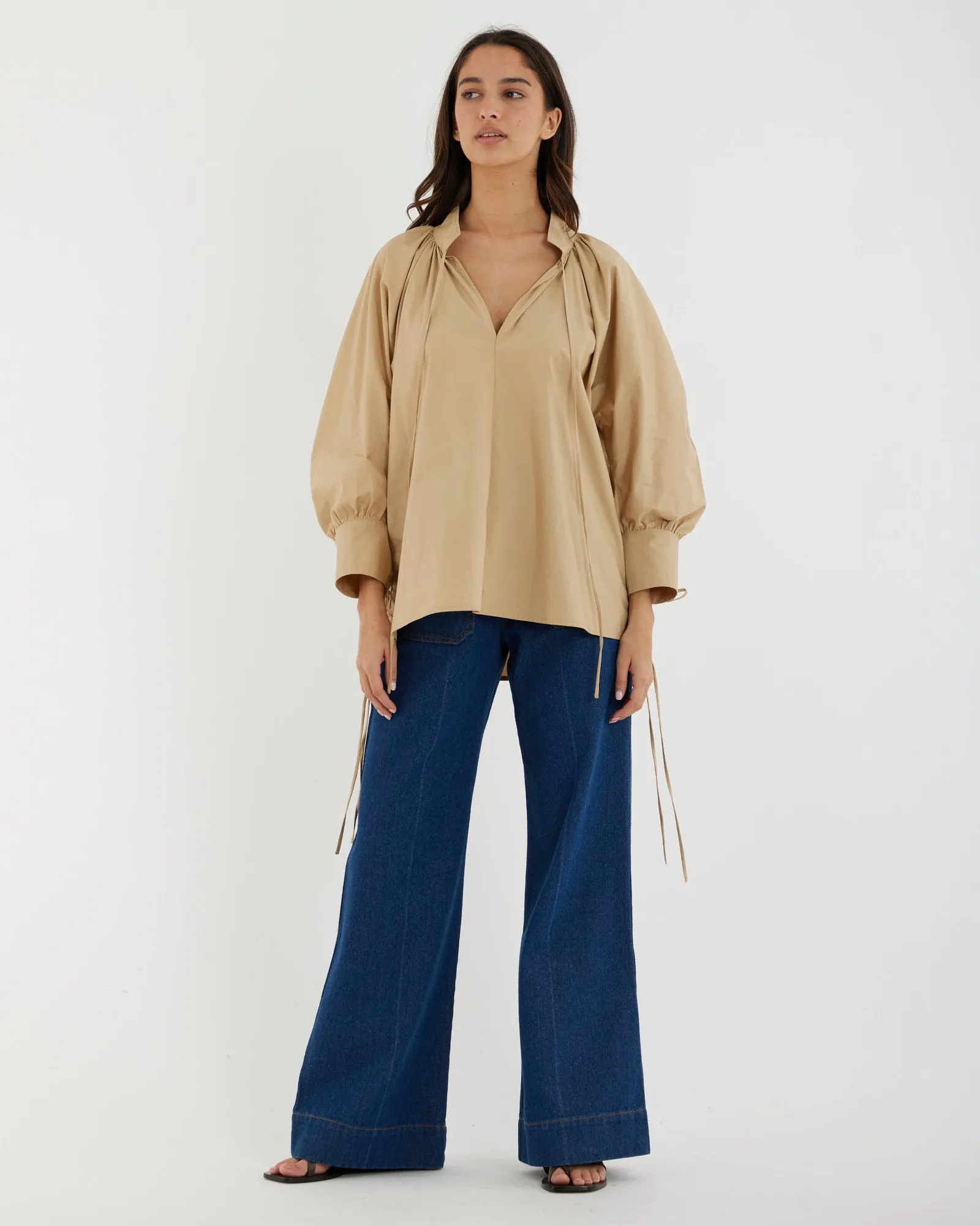 Marie Poplin Tie Blouse - Sand