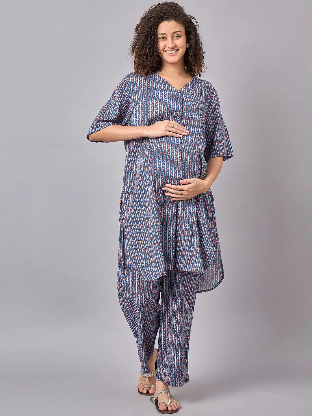 Multicoloured Printed Maternity & Nursing Kurta Set