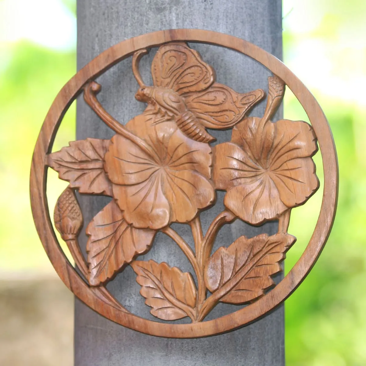 Novica Butterfly On A Flower Wood Relief Panel