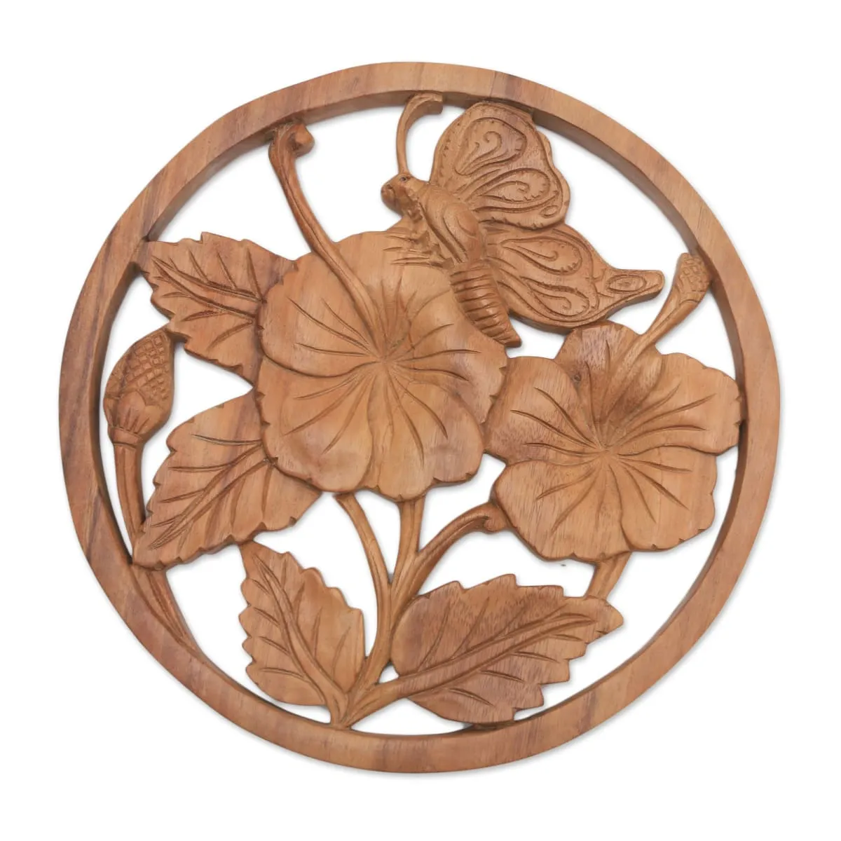 Novica Butterfly On A Flower Wood Relief Panel