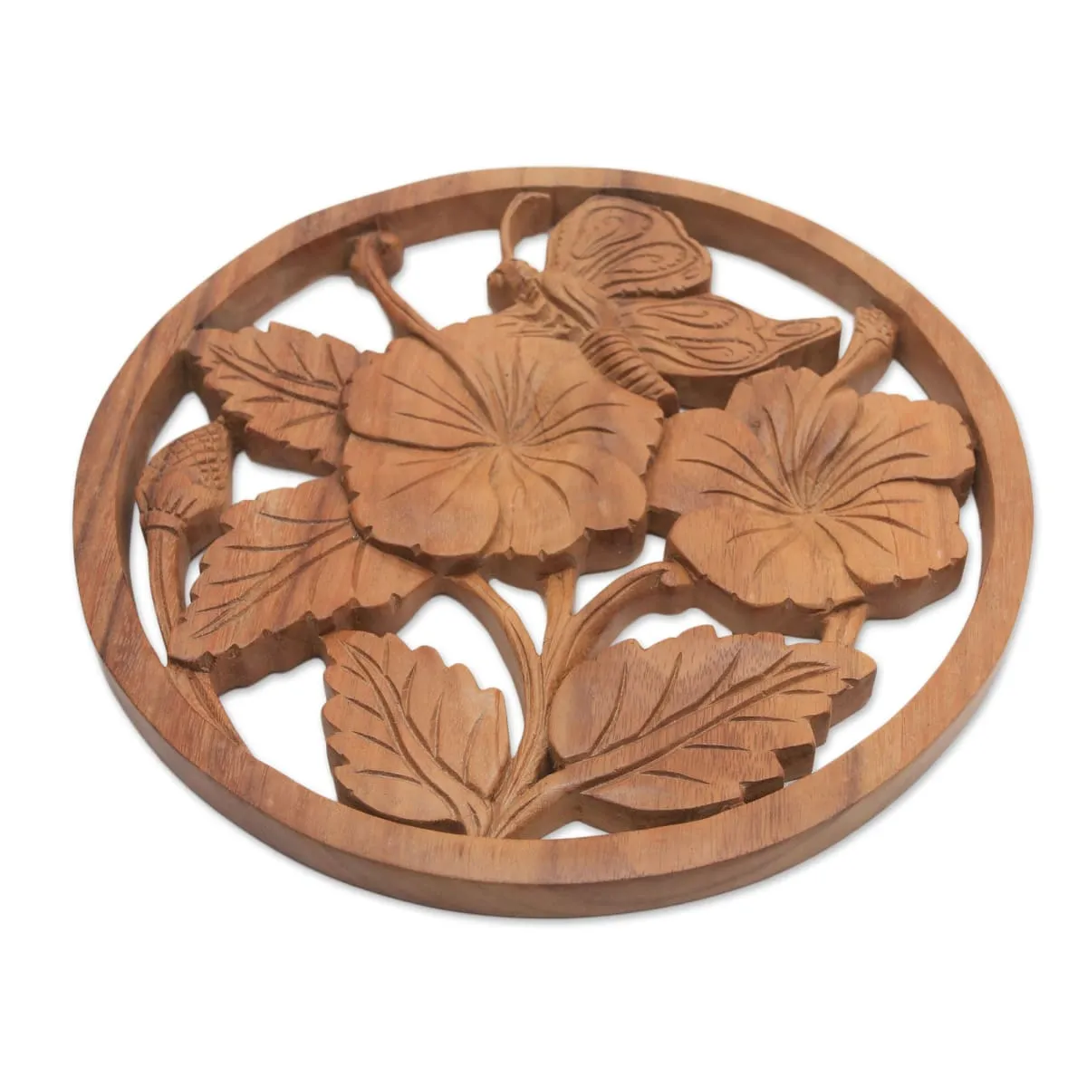 Novica Butterfly On A Flower Wood Relief Panel