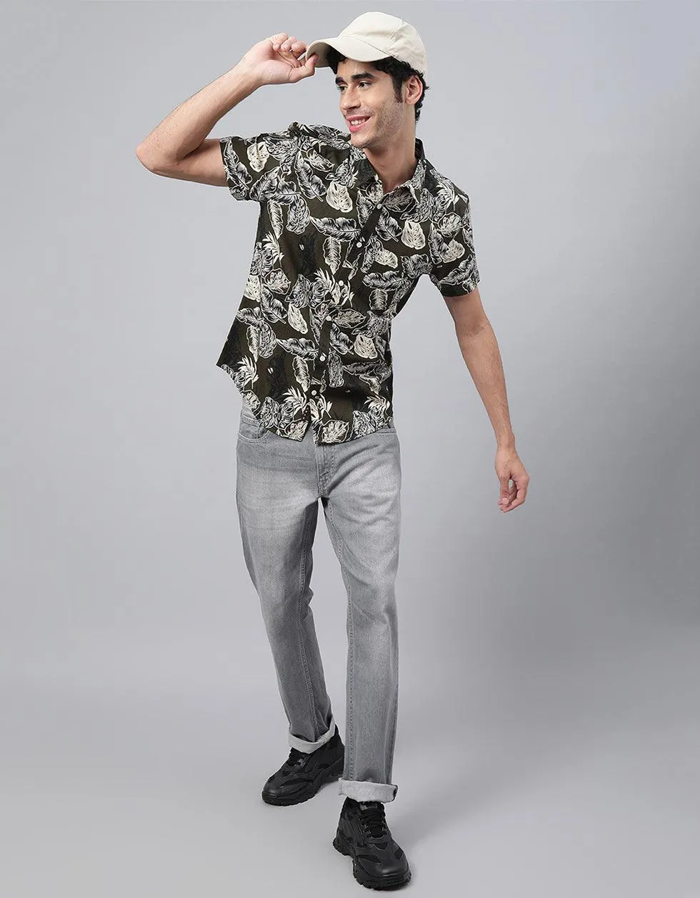 Olive Floral Printed Casual Shirt