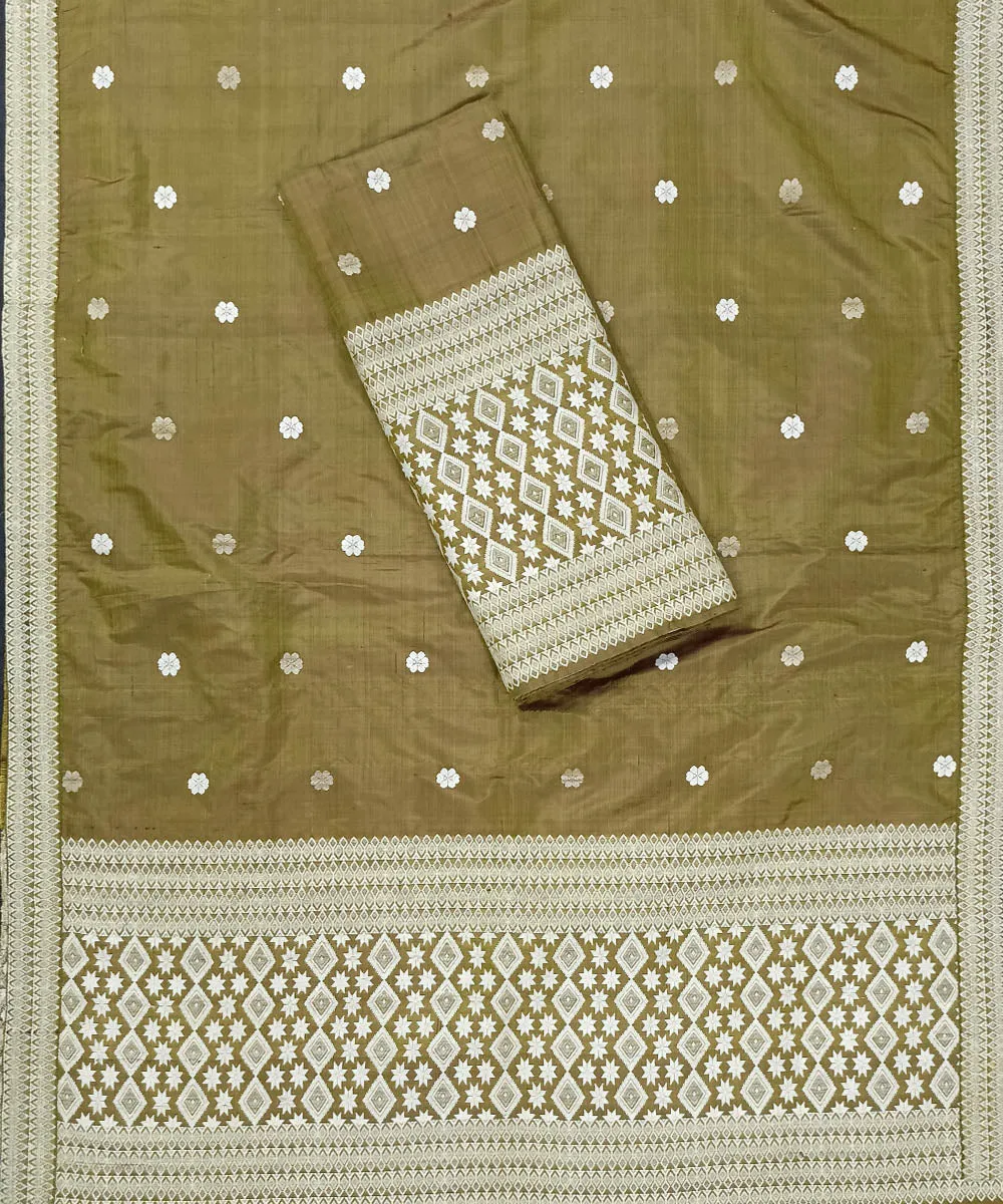 Olive green white silk handloom assam mekhela chador