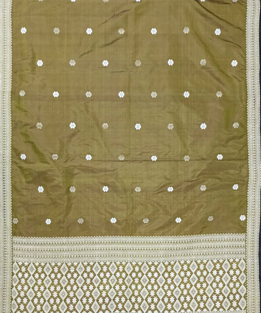 Olive green white silk handloom assam mekhela chador