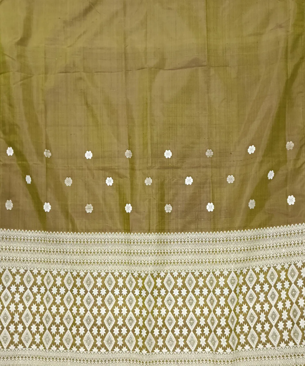 Olive green white silk handloom assam mekhela chador