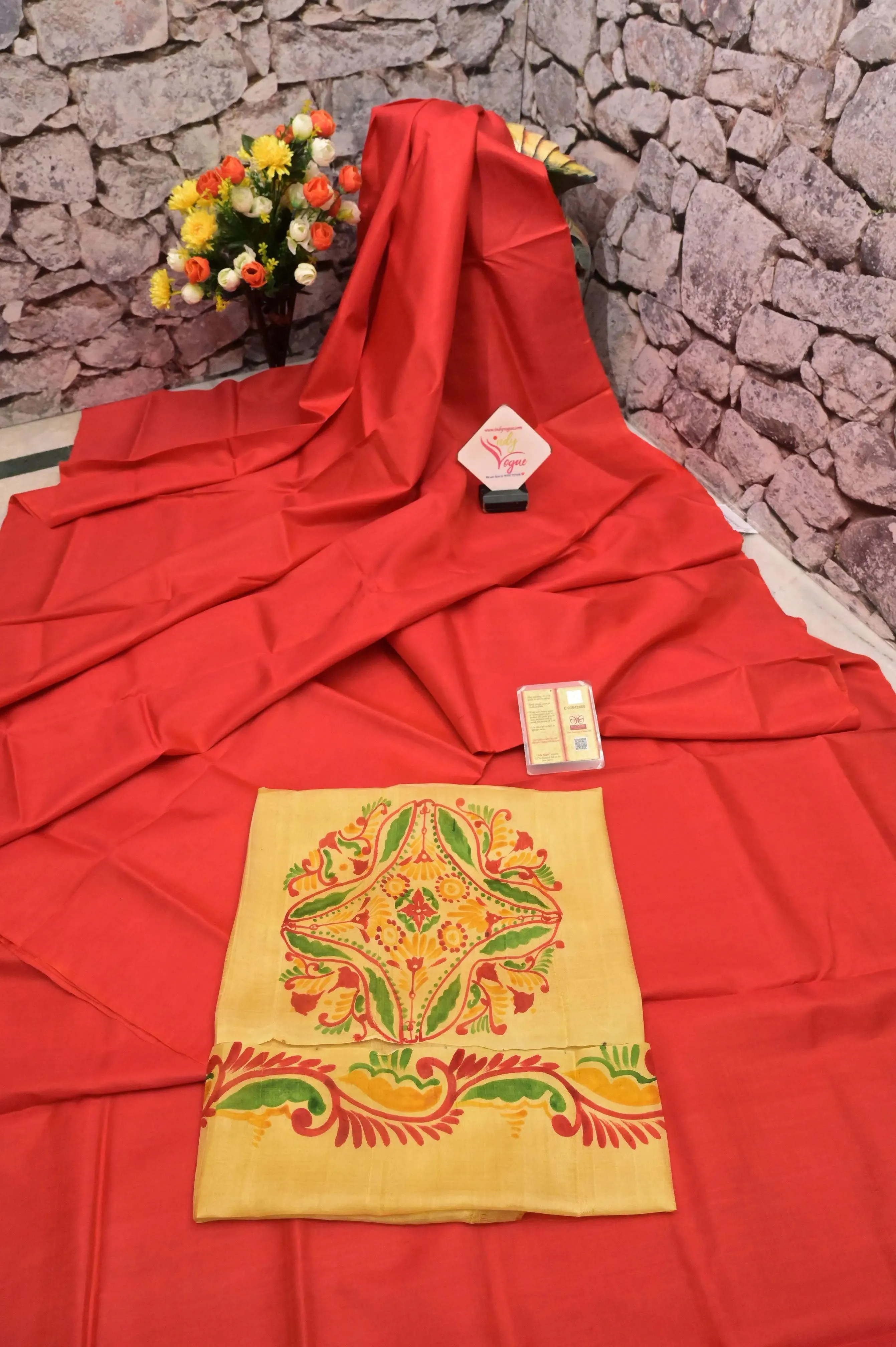 Orange Red Color Pure Bishnupur Silk Saree with Hand Painted Blouse Piece