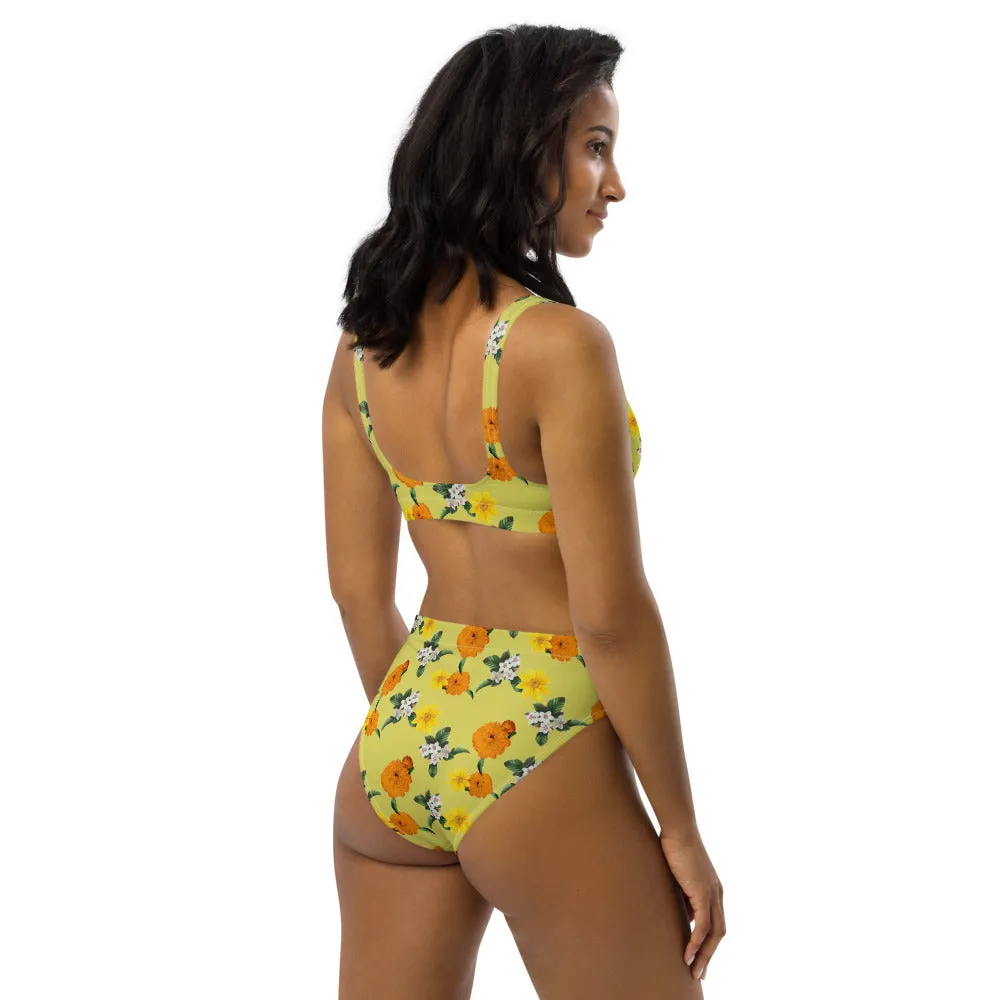 Pale Yellow  Floral Garden Recycled high-waisted bikini