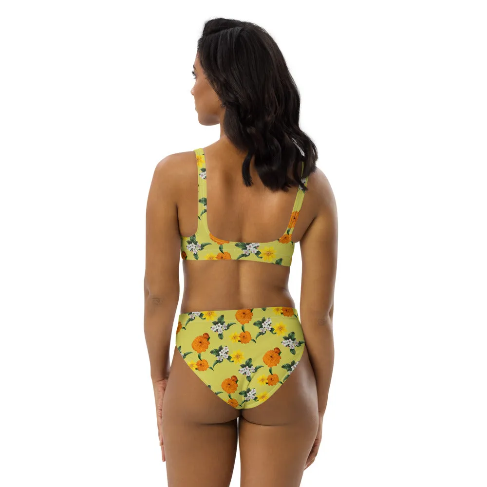 Pale Yellow  Floral Garden Recycled high-waisted bikini