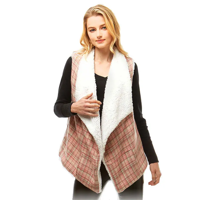 Plaid Faux Fur Lining and Pocket Vest