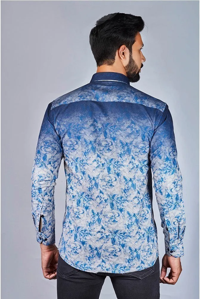 Printed Shirts for Men - Men Printed Spread Cotton Shirt Blue