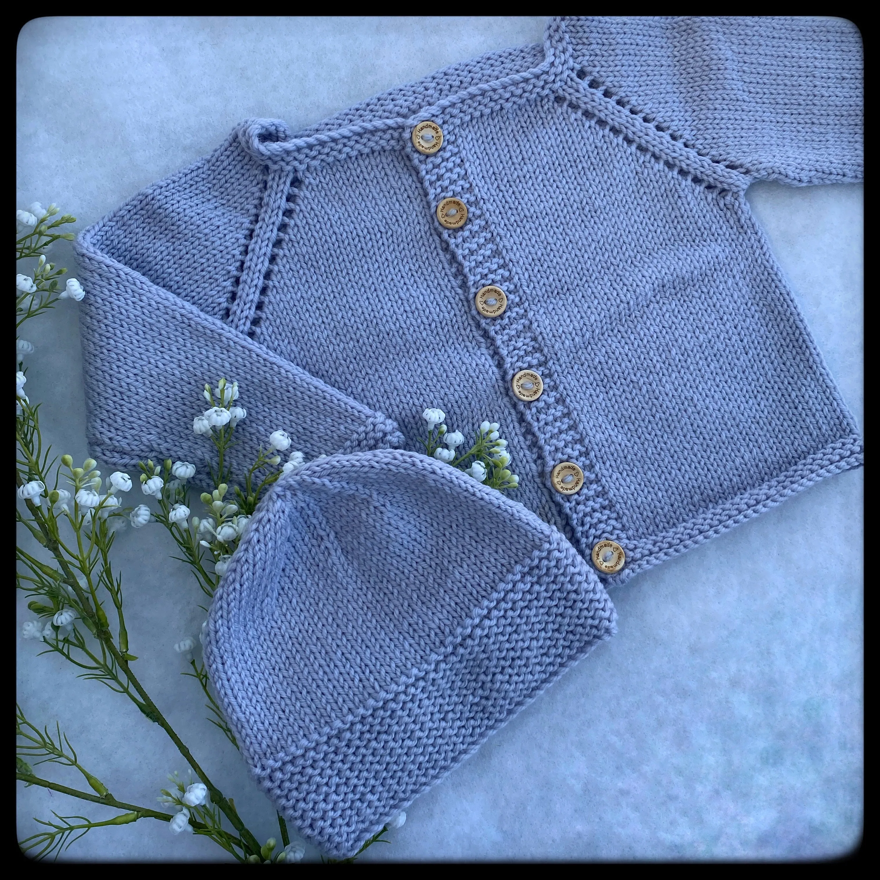 "Parker" eyelet sleeve baby cardigan and beanie set